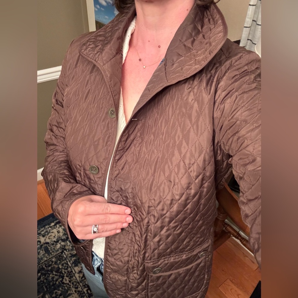 Quilted Brown Women’s Jacket with tie - medium Carole Little, fun inside print